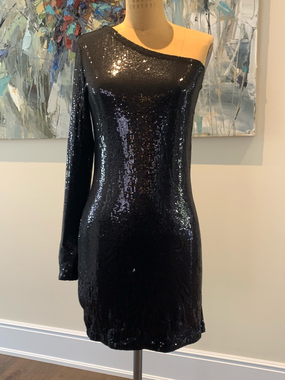 Black One-Shoulder Sequin Mini Dress
